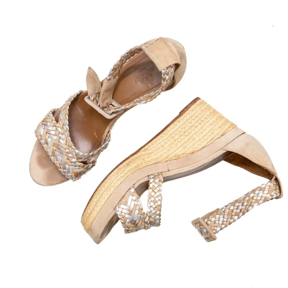 HERMÈS TAUPE SUEDE & METALLIC BRAIDED STRAP INES ESPADRILLE WEDGES EU 38 US 7.5‎